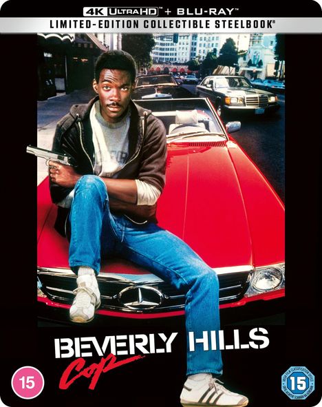 „4K Ultra HD + Blu-ray, Limited-Edition Collectible Steelbook. Beverly Hills Cop.“ Person sitzt auf rotem Auto.