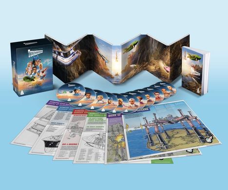 "Thunderbirds" Boxset mit mehreren CDs, einem Buch, farbigen Postern und Illustrationen verschiedener Fahrzeuge.