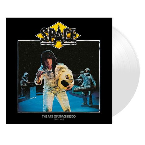 "SPACE" in einem gelben Logo, "THE ART OF SPACE DISCO (1977-1978)". Personen in schimmernden Anzügen mit Instrumenten.