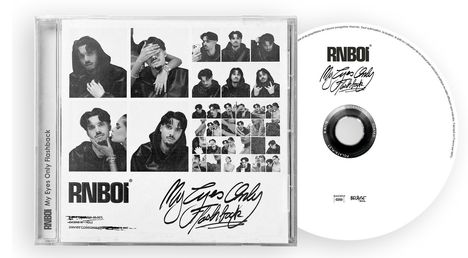 "RNBOi. My Eyes Only Flashback." Mehrere Schwarz-Weiß-Fotos einer Person in verschiedenen Posen auf CD-Cover.