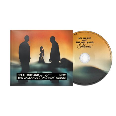"SELAH SUE AND THE GALLANDS Movin' NEW ALBUM". Zwei silhouettierte Figuren und Frau vor einem farbverlaufenden Hintergrund.