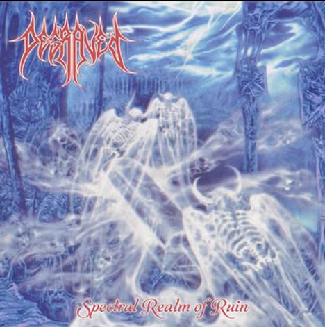 "Spectral Realm of Ruin" in roter Schrift. Oben ein verschnörkeltes Logo. Geisterhafte, skelettartige Figuren in einer blauen Landschaft.