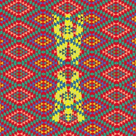 Kaleidoskopisches Muster, bunte, geometrische Formen in Rot, Grün, Gelb und Blau, symmetrische Anordnung.