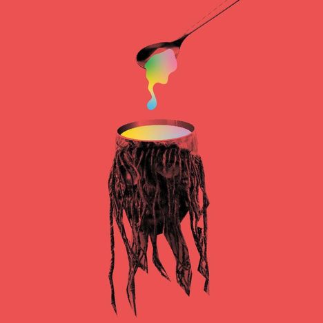 Illustration: Ein Regenbogentropfen fällt von einem Löffel in einen Topf mit zerzausten, dürre Wurzeln auf rotem Hintergrund.