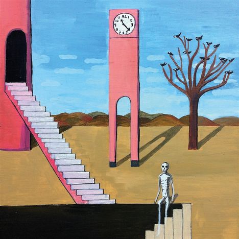 Ein Ziffernblatt zeigt kurz vor drei. Ein rosa Turm steht neben einer Treppe und einem kahlen Baum, mit einer Skelettfigur.