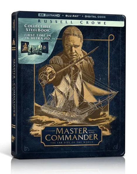 "4K Ultra HD + Blu-Ray + Digital Code. Collectible SteelBook, First Time in 4K Ultra HD. Master and Commander. Illustration: Mann mit Schwert auf einem Schiff."