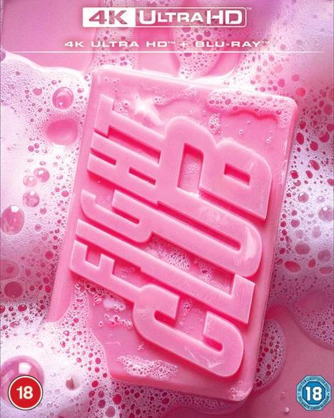 "4K ULTRA HD" und "BLU-RAY"; eine rosafarbene Seifenabdeckung mit der Prägung "FIGHT CLUB" umgeben von Schaum. Ab 18 Jahren.