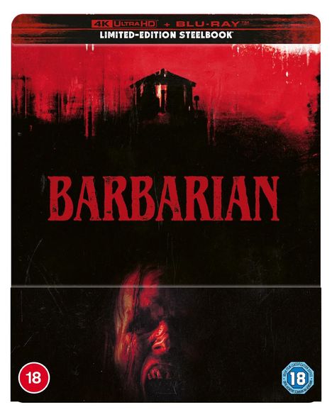 BARBARIAN, Limited-Edition Steelbook, 4K Ultra HD + Blu-ray. Rote und schwarze Farbtöne mit bedrohlichem Gesicht und Haus.