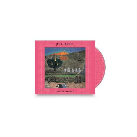 Text: "Jon Hassell", "Music is Invisible". Gemälde einer surrealen Landschaft in einem pinken CD-Cover.