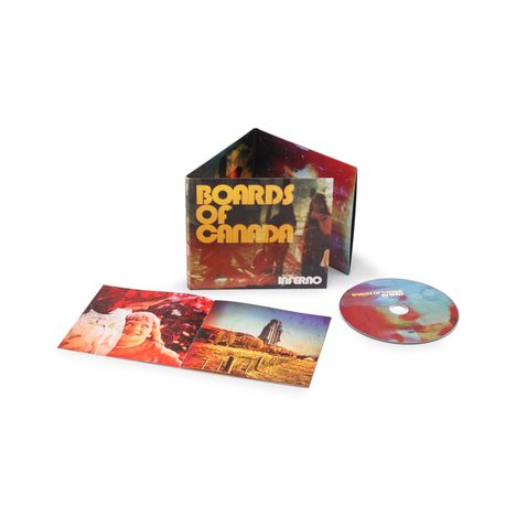 Text "Boards of Canada", "Inferno"; CD, Hülle und Bild im Hintergrund, farbenfrohes Design mit abstrakten Mustern.