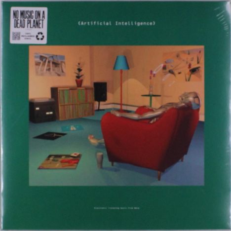 Text: "NO MUSIC ON A DEAD PLANET" und "(Artificial Intelligence)". Illustration: Roboter genießt Musik in einem Wohnzimmer.