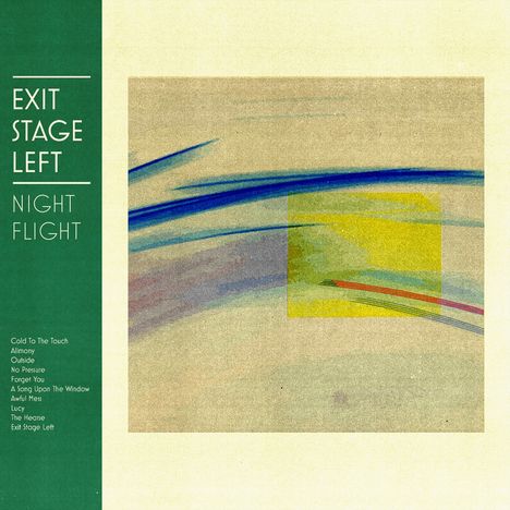 Links steht "Exit Stage Left, Night Flight" und eine Trackliste; rechts abstrakte Kunst mit gelben und blauen Linien.