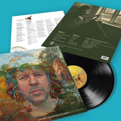Texte:  
- Seite 1: Liedtexte und Songtitel.
- Seite 2: Weitere Songtitel.  
Bunte Illustration eines Mannes mit Gitarrenmusik. Schallplatte sichtbar.