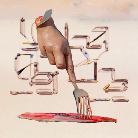 Eine Collage mit einer Hand, die eine Gabel hält, vor wirrem Hintergrund. Die Gabel sticht in ein Stück rohes Fleisch.