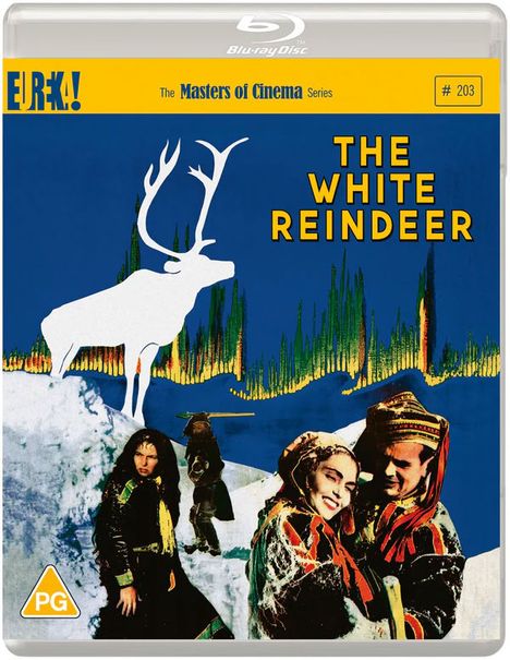 Text: "EUREKA! The Masters of Cinema Series #203 THE WHITE REINDEER." Drei Menschen in traditioneller Kleidung im Schnee.