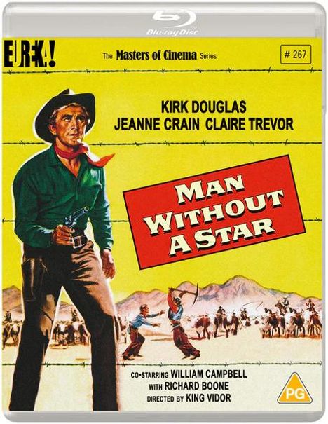 "Man Without a Star" in roter Schrift auf einem gelben Hintergrund. Ein Cowboy mit Pistole im Vordergrund; Cowboys und Pferde dahinter.