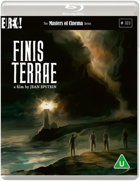 "FINIS TERRAE a film by JEAN EPSTEIN." Dunkle, dramatische Küstenszene mit Leuchtturm und drei Personen in der Ferne.