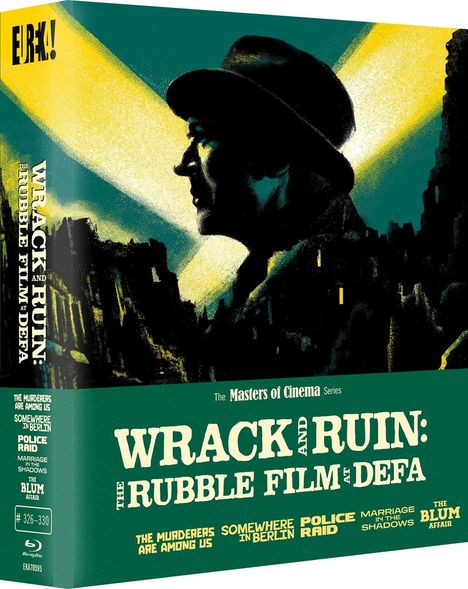 „WRACK AND RUIN: THE RUBBLE FILM AT DEFA“. Silhouette eines Mannes mit Hut vor gelbem Lichtstrahl.
