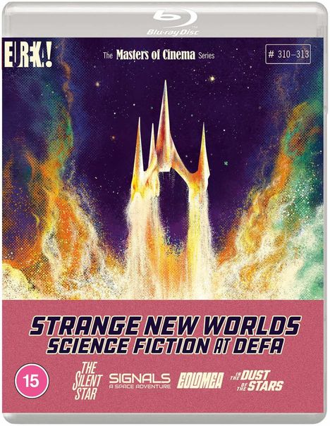 Eureka! Logo, Titel "Strange New Worlds: Science Fiction at DEFA", bunte abstrakte Illustration, Blu-ray-Hülle.