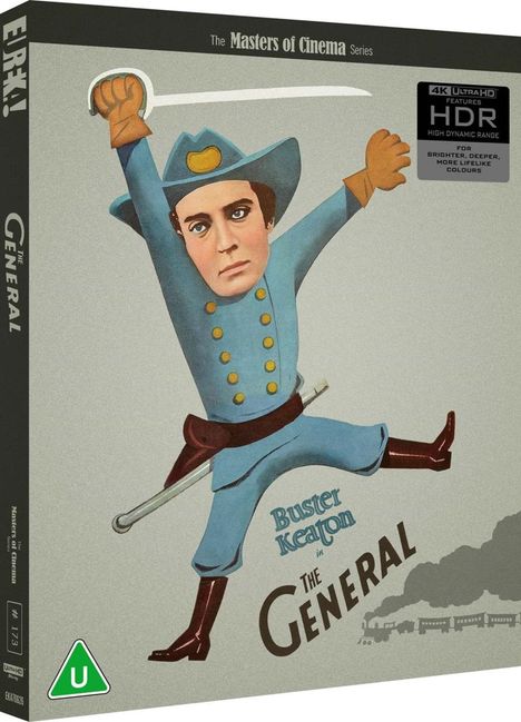 "Masters of Cinema", "Buster Keaton in The General". Illustration: Mann in blauer Uniform springt mit Schwert, Rauchzug unten.