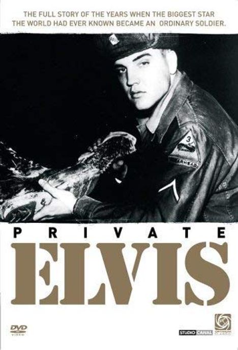 "PRIVATE ELVIS" und oben: "THE FULL STORY OF THE YEARS WHEN THE BIGGEST STAR THE WORLD HAD EVER KNOWN BECAME AN ORDINARY SOLDIER." Ein Soldat.