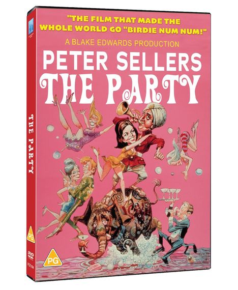 DVD-Cover mit Titeln "PETER SELLERS THE PARTY" und Zitat. Illustrierte Figuren feiern auf einem bunter Elefanten.