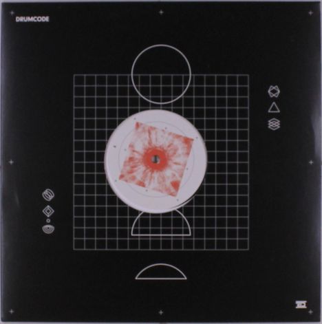Text "DRUMCODE". Geometrische Illustration: Gitternetz mit Kreis und halbkreisförmigen Linien; mittig rote, blumenartige Form.