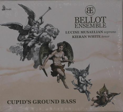 „Bellot Ensemble“ und „Cupid’s Ground Bass“. Illustrierte Engel mit Musikinstrumenten auf hellem Hintergrund.