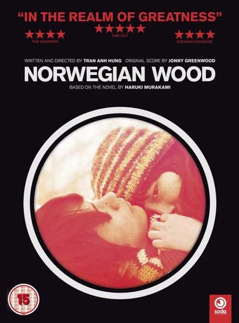 Titel: "Norwegian Wood". Zitat oben: "In the realm of greatness". Zwei Personen eng aneinander gelehnt im farbigen Kreis.
