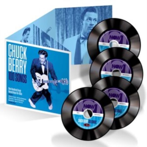 "CHUCK BERRY 100 SONGS" in großen Buchstaben über einem Mann mit Gitarre auf blauem Hintergrund.