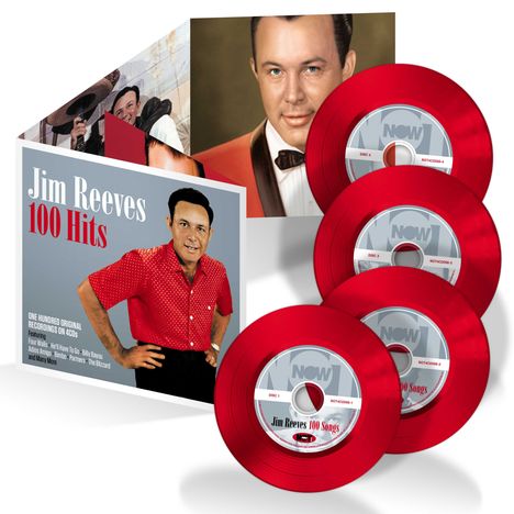 "Jim Reeves 100 Hits" mit einem Mann im roten Hemd, vier roten CDs und einem weiteren Porträt des Mannes.