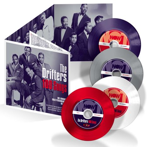 "The Drifters 100 Songs" steht auf einem Albumcover. Daneben sind vier CDs in Rot, Silber und Lila zu sehen.
