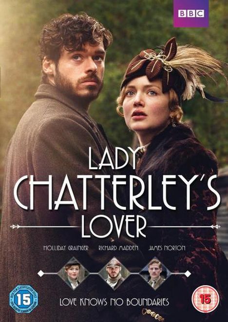 "LADY CHATTERLEY'S LOVER", BBC Logo, Personen in historischer Kleidung, Text unten: "LOVE KNOWS NO BOUNDARIES".