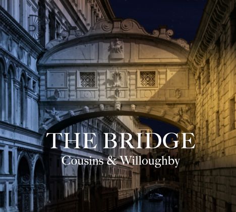 "THE BRIDGE, Cousins & Willoughby" steht über einem beleuchteten, alten Brückenbauwerk in einem nächtlichen Stadtbild.