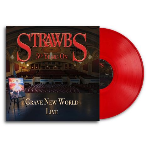 Text: "Strawbs 50 Years On, Grave New World Live." Rotes Vinyl, Konzertsaal mit Bühnenansicht, Gemälde auf Staffelei.
