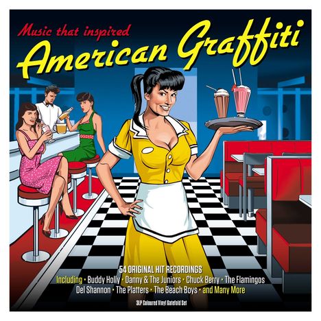 "Music that inspired American Graffiti" steht oben. Eine Kellnerin in gelbem Kleid serviert Milkshakes in einem Diner.