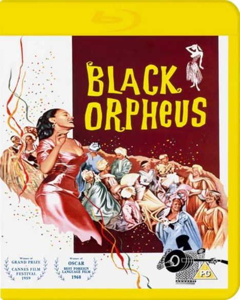"BLACK ORPHEUS" in gelber Schrift auf rotem Hintergrund. Eine Frau im roten Kleid tanzt, umgeben von einer feiernden Menge.