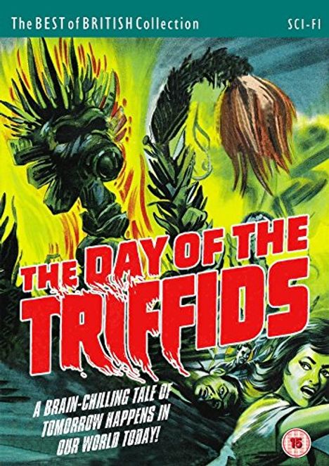 Text: "THE DAY OF THE TRIFFIDS", "A BRAIN-CHILLING TALE OF TOMORROW HAPPENS IN OUR WORLD TODAY!", "SCI-FI". Illustration zeigt Pflanzen.