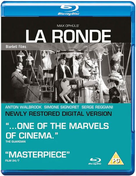 Texts: MAX OPHÜLS LA RONDE, Bluebell Films, ANTON WALBROOK, SIMONE SIGNORET, SERGE REGIANI, "...ONE OF THE MARVELS OF CINEMA." – The Guardian, "MASTERPIECE" – FILM 24/7. Cover with monochrome Karussell-Szene.