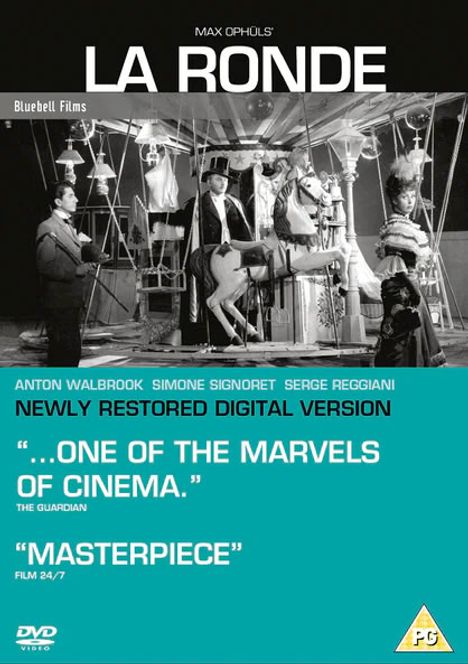 Texte: "LA RONDE", "NEWLY RESTORED DIGITAL VERSION", "ONE OF THE MARVELS OF CINEMA", "MASTERPIECE". Szene mit Theaterelementen.