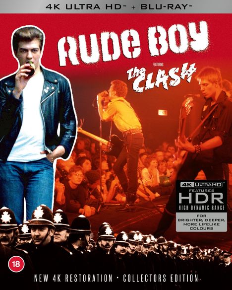 "Rude Boy" featuring "The Clash," 4K Ultra HD, New 4K Restoration, Collectors Edition. Oben ein Mann in Lederjacke, Szene mit Konzert und Polizistenreihe.