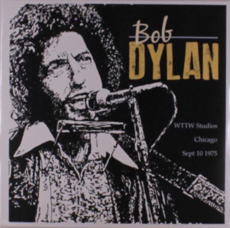 "Bob Dylan", "WTTW Studios, Chicago, Sept 10 1975". Illustration eines Mannes mit Mikrofon und Mundharmonika.