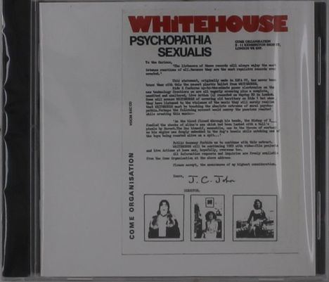 "WHITEHOUSE PSYCHOPATHIA SEXUALIS" in roter und schwarzer Schrift, umgeben von einem Textabschnitt und drei kleinen Fotos.