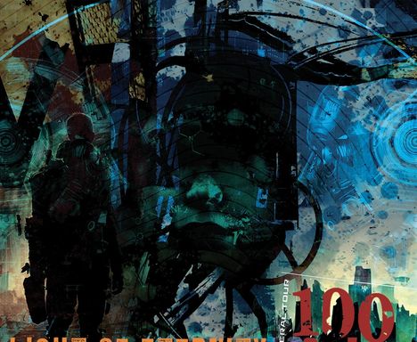 Texte: "LIGHT OF DAY", "OPERATION Z", "TOUR", "100". Illustration mit futuristischen Elementen und Silhouetten.