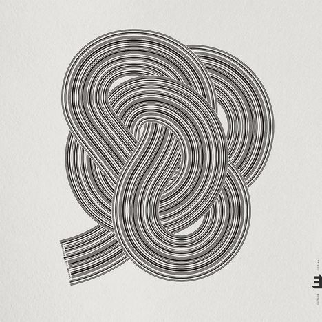 "ENDLESS LINES III" unten rechts. Illustration eines verschlungenen Knotens aus parallelen schwarzen Linien auf weißem Hintergrund.