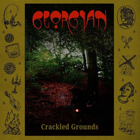 "GEORGIAN" in Rot. "Crackled Grounds" darunter. Naturbild mit Baum. Verziert mit Illustrationen von Feuer, Windmühle und Porträts.