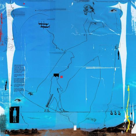 Textfragmente in verschiedenen Größen über abstrakt-blauem Hintergrund mit Linien, Augen und menschlichen Silhouetten.