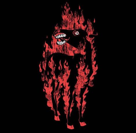 Illustration eines grotesken, roten Pferdes mit offenem Maul, umgeben von Flammen auf schwarzem Hintergrund.