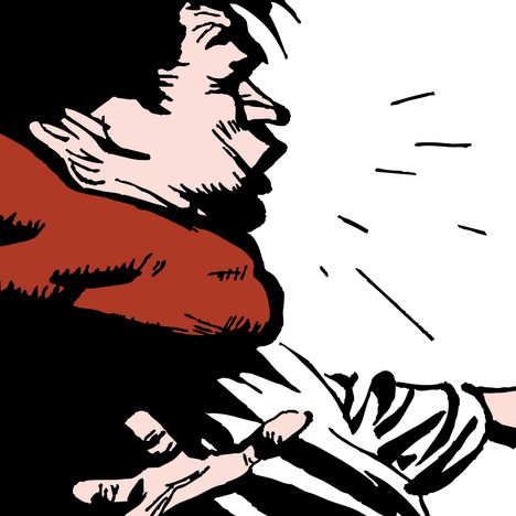 Illustration eines Mannes im Profil, der eine rote Jacke trägt und gestikuliert. Striche symbolisieren Aktion oder Bewegung.