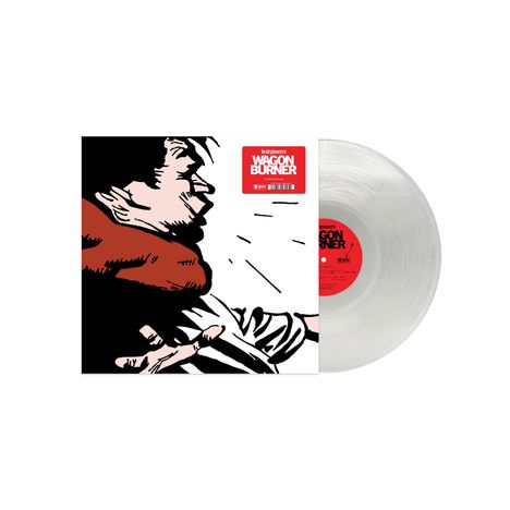 „Dead Pioneers Wagon Burner“ auf rotem Etikett. Illustration eines Menschen in Schwarz-Weiß mit rotem Schal.